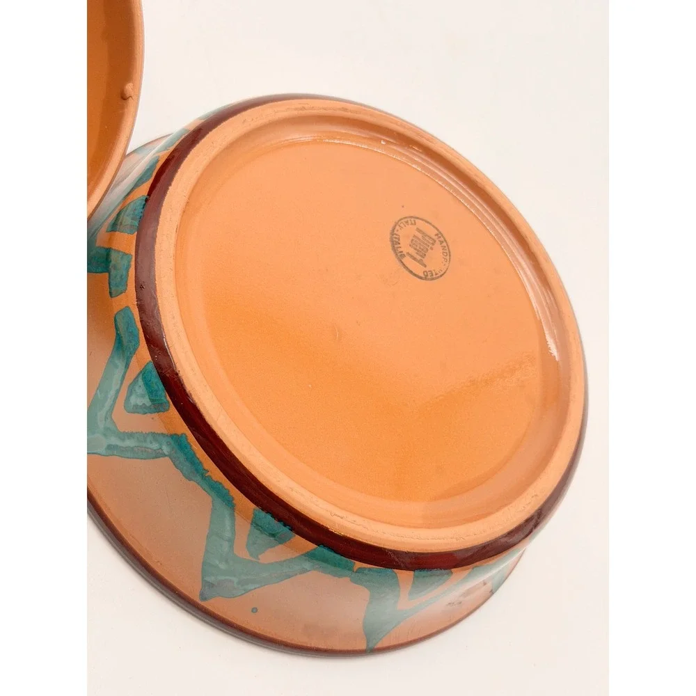 Vintage Hand Painted Terracotta Lidded Dish Southwestern Geometric Pier 1 Italy